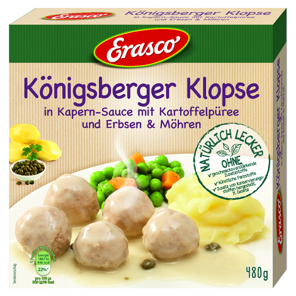 Erasco Königsberger Klopse in Kapern-Sauce mit Kartoffelpüree und Erbsen & Möhren 480g