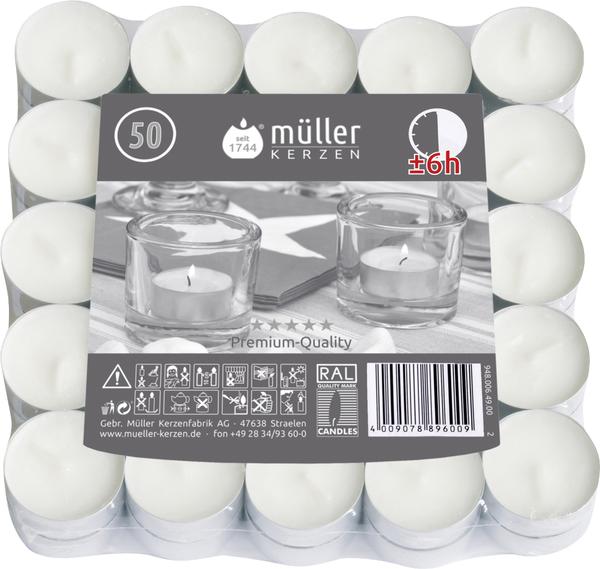 Teelicht 6h weiß 50er Flatpack