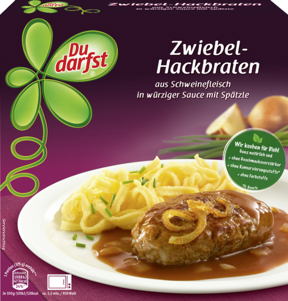 Du darfst Zwiebel-Hackbraten aus Schweinefleisch in würziger Sauce mit Spätzle 375g
