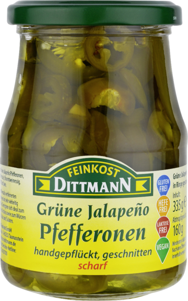 Dittmann Grüne Jalapeño Pfefferonen geschnitten scharf 370ml